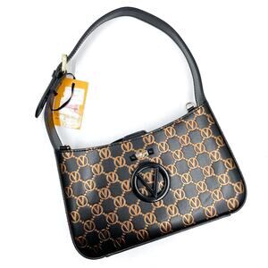 Mario‎ Valentino Kai Shoulder Bag Black Bronze Embossed Momogram Logo Leather